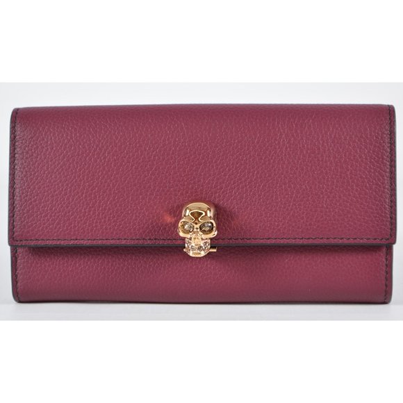 New Alexander McQueen Red Wine Textured Leather Skull Clasp Continental Wallet